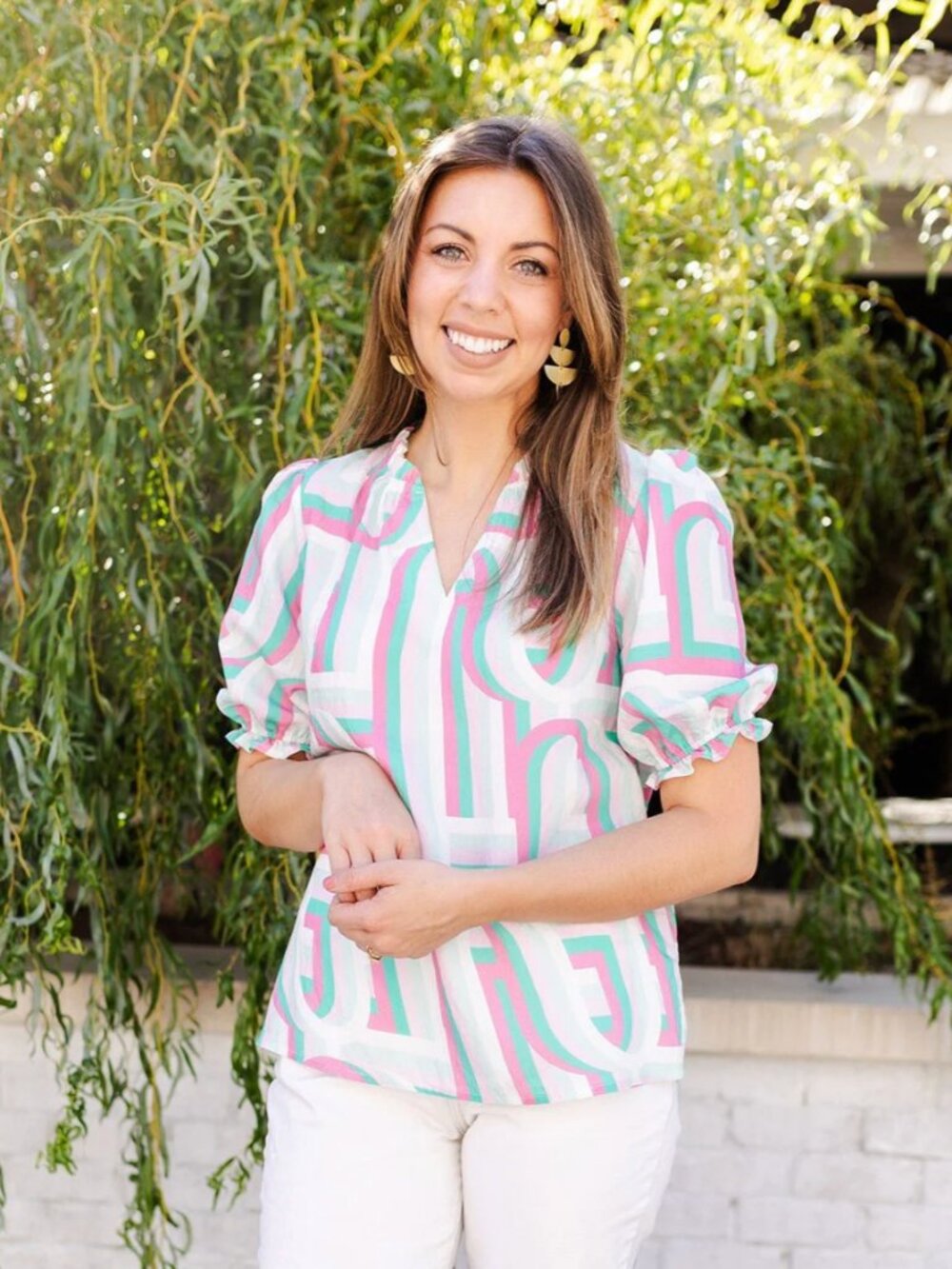 Michelle McDowell Malia Top Pink Mint Geometric Ruffle Blouse Medium